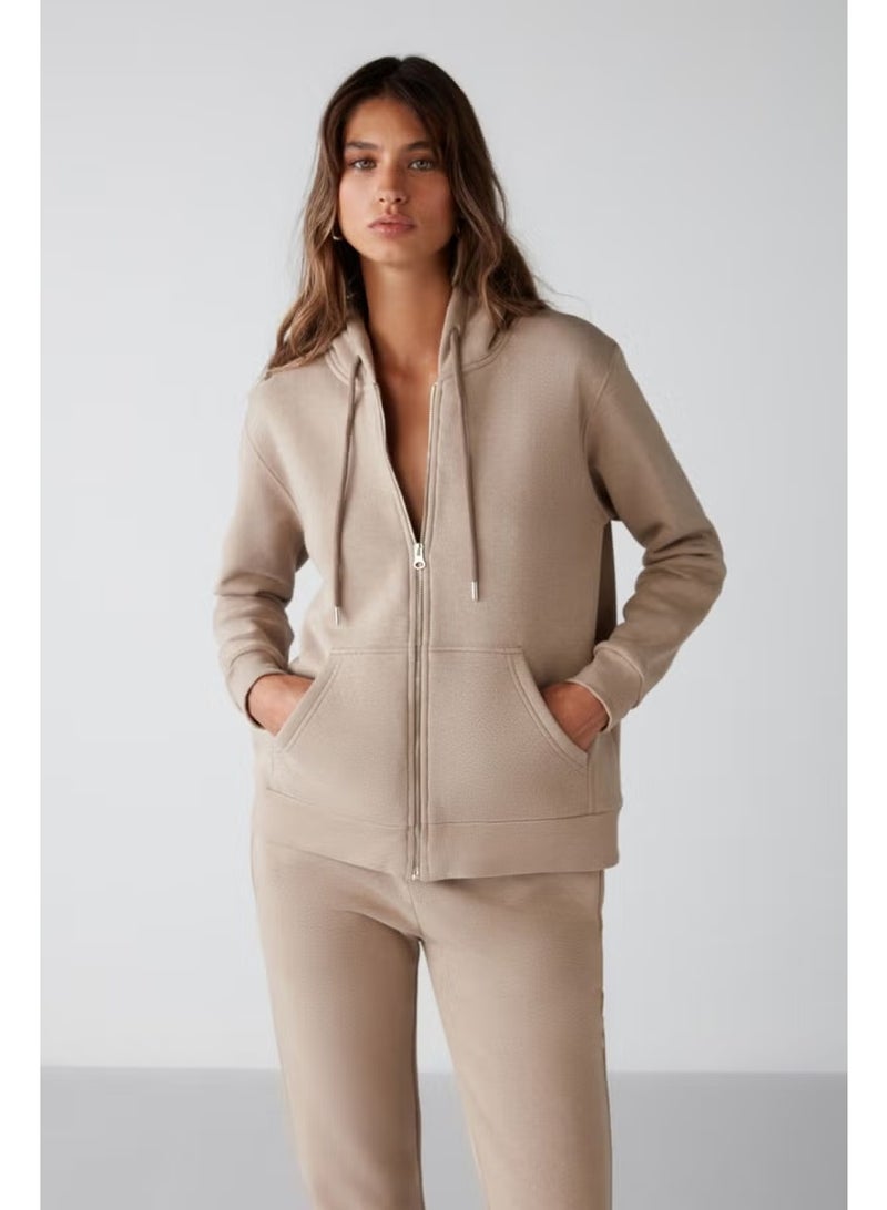 GRIMELANGE Carlota Women's Relaxed Pattern Hooded Zippered Mink Sweatshirt - Image 1